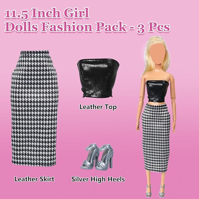 11.5 Inch Doll Clothes Set - Fashion Doll Clothing & Accessories, Casual Wear Dresses, Jeans, Tops, Skirts, Fur Coats, Bags, Hats, Boots for 11.5" Fashion Dolls, Gift for Girls (21)