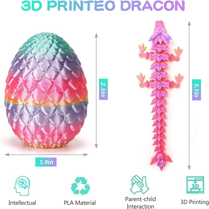 6PCS Mini 3D Printed Dragon Dinosaur Egg, Prefilled Easter Eggs Filled Dragon Eggs Toys Filled,3D Printed Dragon in Egg,Crystal Dragon Figurine Decor,Full Articulated Dragon
