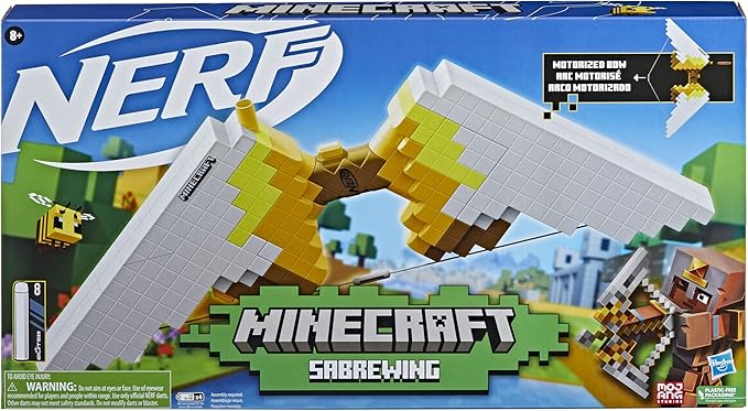 Nerf Minecraft Sabrewing Motorized Blaster Bow, 8 Elite Darts, 8-Dart Clip, Electric Full Auto Toy Foam Blasters, Minecraft Toys for 8 Year Old Boys and Girls and Up