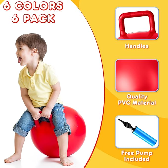 Lewtemi 6 Pcs Hopper Ball for Kids 15 Inch Jumping Hopping Inflatable Bouncing Ball with Handle and Air Pump for Indoor Outdoor Games Sport Exercise Fun Easter Basket Stuffers Gifts(Rainbow Colors)