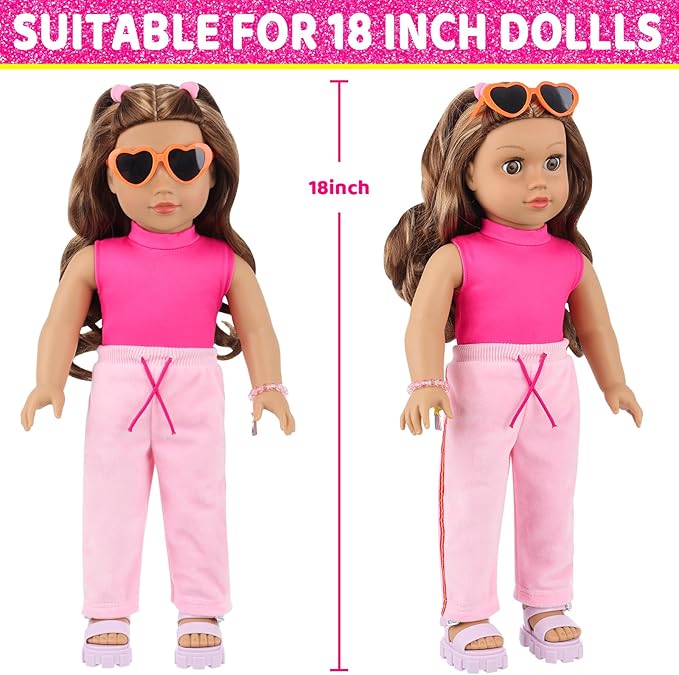 American 18 inch Doll Clothes and Accessories Travel Bag Set Including Pink Top Pants Sunglasses Camera Toy Cell Phone Hair Ties and Bracelet Fit for 18 inch Doll