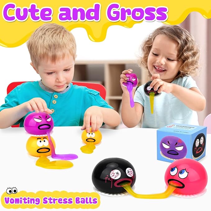 4 Pack Puking Sucking Fidget Toy Slime Ball, Vomiting Stress Balls Sensory Squeeze Toys, Cute and Gross Prank Toy, Novelty Gag Gift for Kids Adults