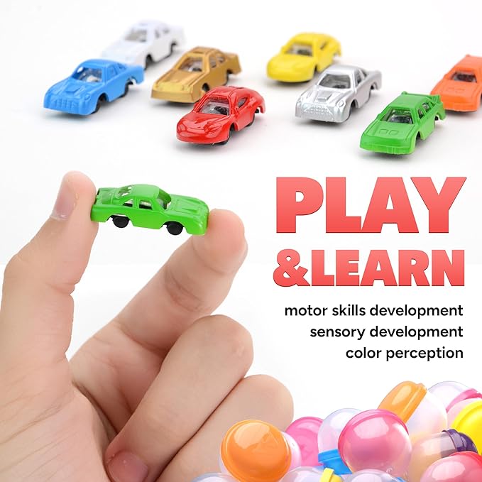 Vending Machine Capsules with Toys - 100 Pcs of 1.1 Inch Tiny Frosty Clear-Colored Acorn Capsules and Mini Racing Car Toys for Kids - Plastic Capsules for Toys Bulk - Easter Basket Stuffers
