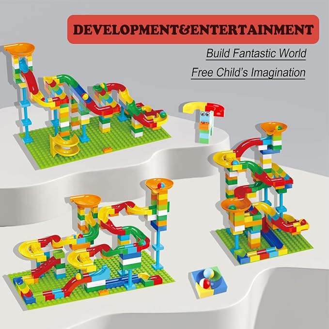 Marble Run Building Blocks for Kids Age 3-8, 128 Pcs STEM Building Bricks Set with Toss Ring Game, Educational Learning Toys for Toddlers Boys Girls Gifts- Compatible with All Major Brands