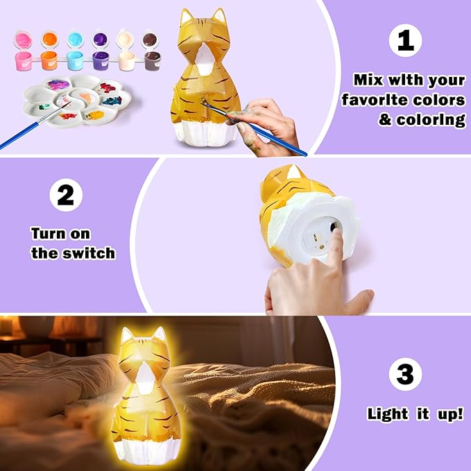 FUNZBO 2pcs Paint Your Own Cat Lamp - Easter Basket Stuffers, Arts and Crafts Supplies Painting Kits for Kids Teens, DIY Night Light Toy for Girls Boys Ages 3 4 5 6 7 8 9 10 11 12 13 Birthday Gifts