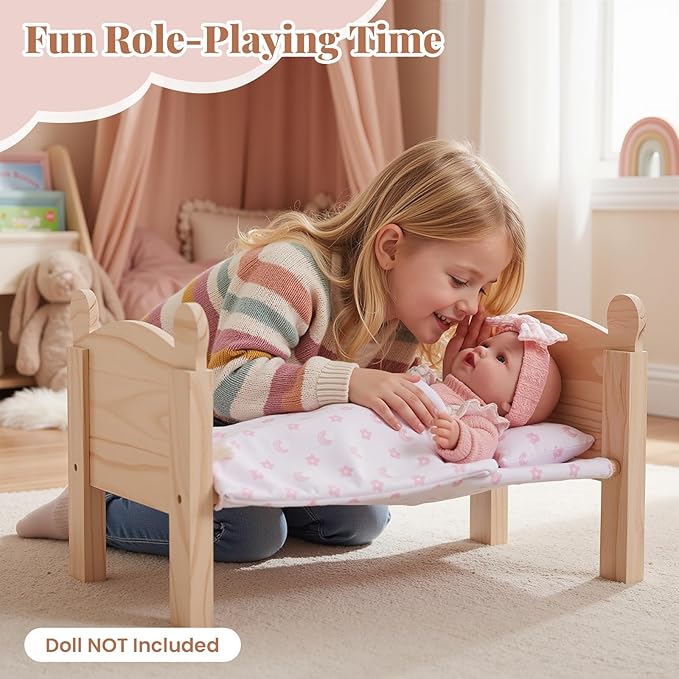 BABESIDE 3 Pcs Baby Doll Crib with Bedding Set for 12-16 Inch Babydolls, Wooden Dolls Furniture Doll Bed with Pillow and Blanket for Realistic Baby Doll Accessories (Doll Not Included)