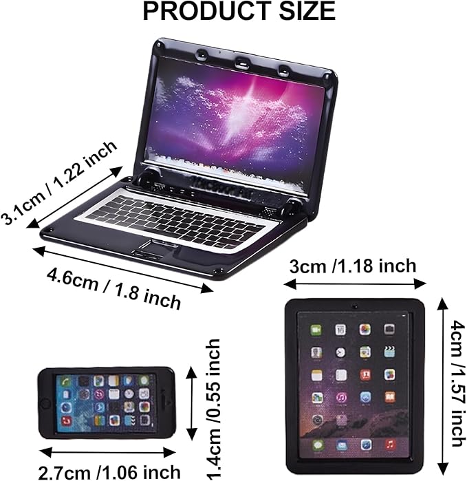 Dollhouse Furniture Accessories Laptop, 1/12 Scale 1/6 Scale Miniature Phone Tablet Mini Stuff Things Doll House Mini Play Set Accessories 3 Pcs(Black)