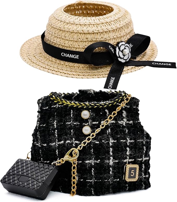 Doll Clothes for 17cm Dolls, Premium Handmade with Luxury Chic Style Set 3 Piece Set Including a Hat, Clothes and Black Bag - High-End Dolls Accessories for Play & Display for Play & Display