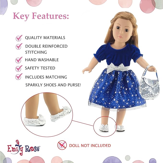 Emily Rose 18" Doll Holiday Dress Set - Midnight Star Sparkly Blue Party Dress with Silver Sequin Shoes & Purse - Premium Gift Boxed Outfit Compatible with American Girl & Most 18 Inch Dolls