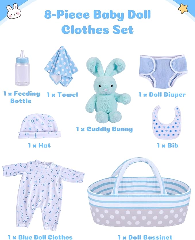 BABESIDE 8 Pcs Reborn Baby Doll Clothes with Bassinet for 17-22 Inch Babydolls, Reborn Baby Doll Accessories fit Dolls, Babydolls Clothes for Realistic Dolls,Toy Gift for Boys Girls