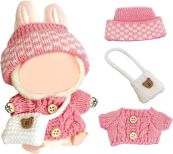 17cm Doll Clothes Set for Lububu, Designer Hand-Crocheted Rose Pink Sweater Outfit with Hat & Crossbody Bag，Cute Ropa Clothing and Accessories for 15cm Have a Seat Series Dolls Girl Dress-Up