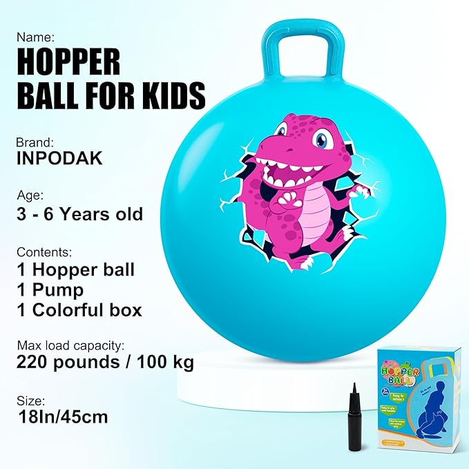 INPODAK Hopper Ball 18 Inch Bouncy Ball with Handle for Kids, Hippity Hop Jumping Bounce Hopping Toy for Boys Girls Ages 3-6 Includes Pump and Gift Box Great Gift for Birthday (Blue)