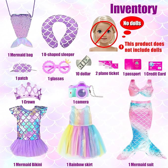 Mermaid 18 inch Doll Clothes and Doll Accessories Case Luggage Travel Play Set Include Suitcase, Dresses, Bag, Camera, Glasses, Pillow, Eyeshade Etc (No Doll)