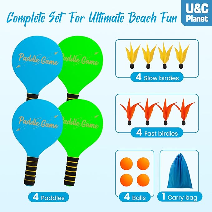 Beach Paddle Ball Set, Badminton Rackets, Family Game for Kids and Adults, Indoor Outdoor Game Backyard Park Camping Yard for Boys Girls Ages 3+, Beach Necessities Must Have