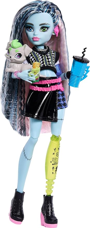 Monster High Doll, Frankie Stein in Cropped Sweater and Black Pleather Skirt with Pet Dog Watzie and 7 Accessories Like Earphones, Belt Bag and Snacks