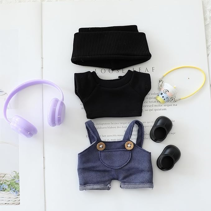 Clothes for Lu bubu 17cm Dolls(No Doll) Accessories, Stylish Kawaii Overalls Outfit Headphones Set 5 Pieces Suitable for 17cm Dolls , Doll Hat Headset Boots Clothing Set Replacement