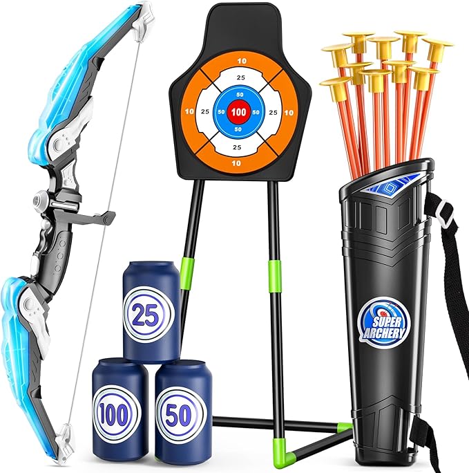 TEMI Bow and Arrow Set for Kids 4-8,Kids Archery Set with LED Lights Includes 10 Suction Cup Arrows, Quivers & Standing Target, Outdoor Toys for Boys & Girls Ages 3-12 Years Old