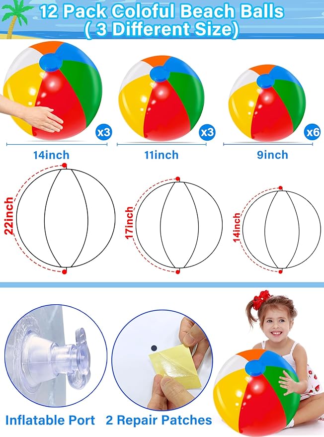 [ 22''+17''+14'' ] 12 Pack Rainbow Beach Balls Bulk, Inflatable Swimming Pool Toys Beach Ball for Kids Birthday Party Favors Outdoor Summer Games Hawaiian Tropical Luau Themed Pool Party Decorations