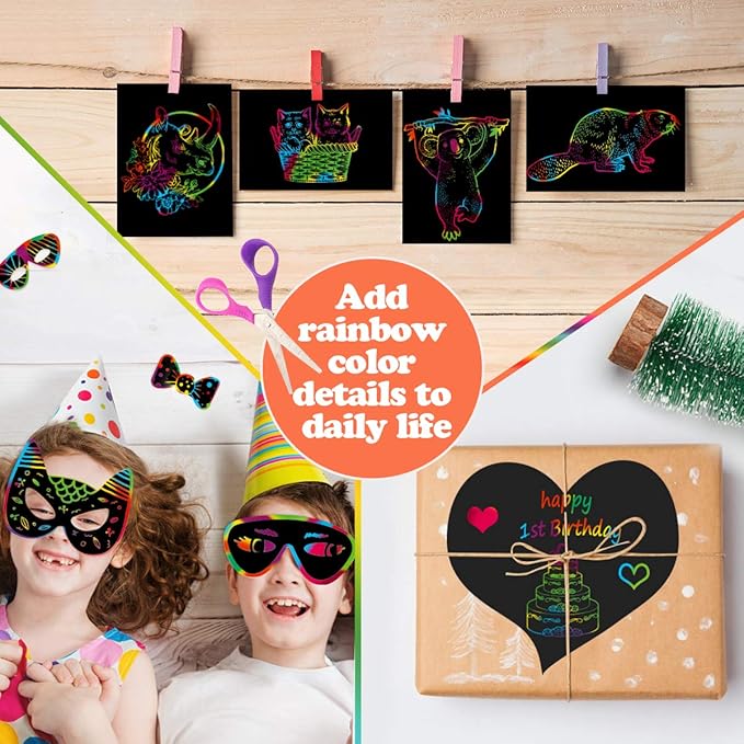 Mocoosy 3 Pack Rainbow Scratch Art Paper Notebooks, Spiral Bound Magic Scratch Pads for Kids Arts Crafts Supplies, Black Sketch Note Coloring Activity Book Easter Basket Stuffer Gifts for Girls Boys