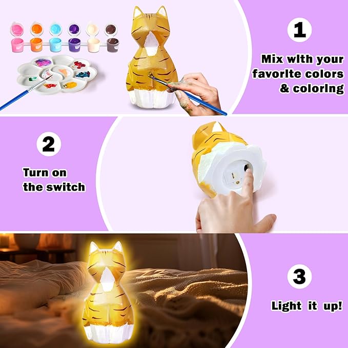 FUNZBO Paint Your Own Cat Lamp Kit - Easter Basket Stuffers, Arts and Crafts Supplies Kitten Painting for Kids Teens, DIY Night Light Toy for Girls Boys Age 3 4 5 6 7 8 9 10 11 12 13 Birthday Gifts
