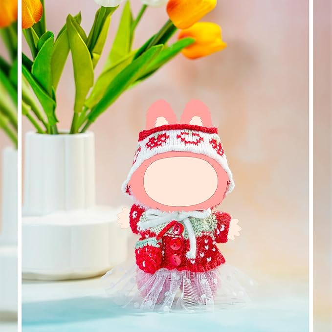 17cm Doll Clothes Set-Handcrafted Crochet Outfit Accessories for 5.91-6.7inch Dolls-Hand Crocheted Hat+Strawberry Sweater+White Dress+Bag(NO Doll)