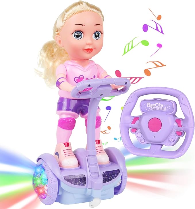 Doll Set with Remote Control Toy Electric Scooter for Kids with LED Lights Music and 360° Rotation