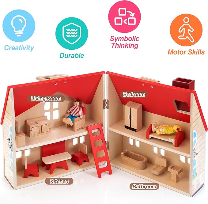 WOODMAM Foldable Wooden Dollhouse with 13PCS Furniture, 4 Rooms and 2 Flexible Dolls, Pretend Play Doll House Set with Portable Handle, Christmas Birthday Gift for Boys Girls Age 3+, Cottage