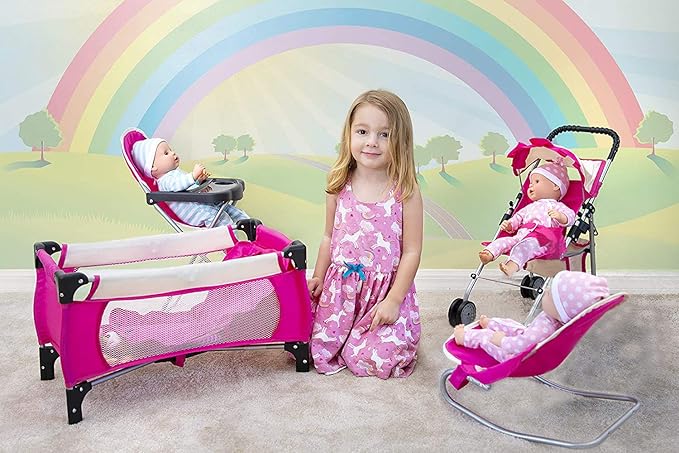 fash n kolor 4 Piece Pink Baby Doll Set, Includes - 1 Pack n Play with Carry Bag, 2 Doll Stroller, 3 Doll High Chair, 4 Infant Seat,