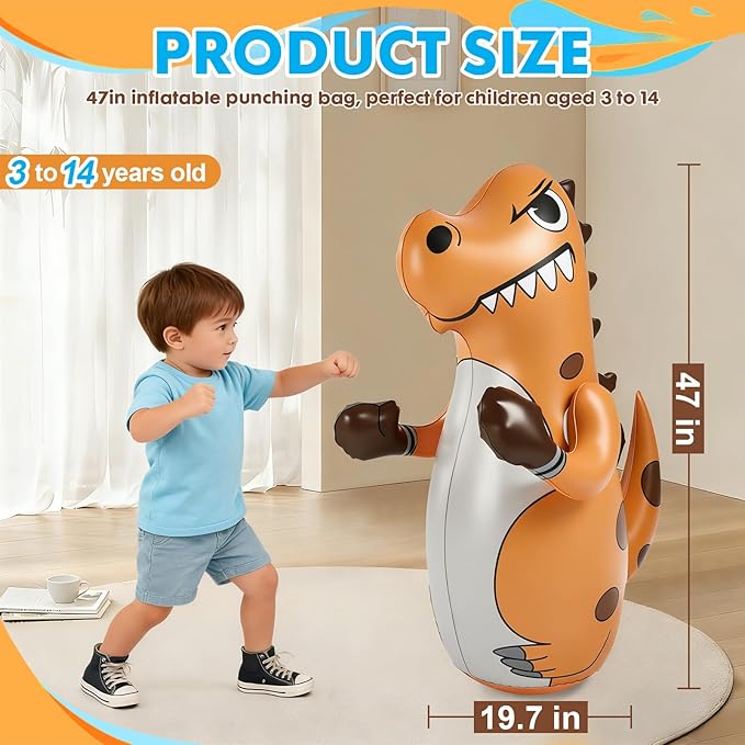 Inflatable Dinosaur Punching Bag for Kids, 47" Toddler Blow up Punching Bag for Ages 3-14, Children Bop Bag Toys & Gifts with Bounce-Back Action