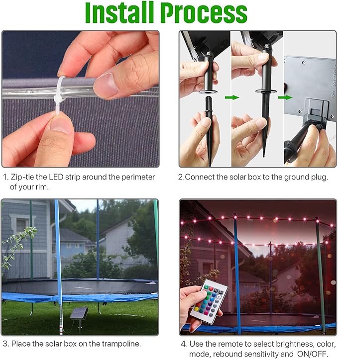 【Upgraded Solar Powered Version】LED Trampoline Lights with Solar Panel, Trampoline Rim LED Light for 12 Ft Trampoline Remote Control, 16 Color Change, Waterproof, Bright to Display at Night Outdoors