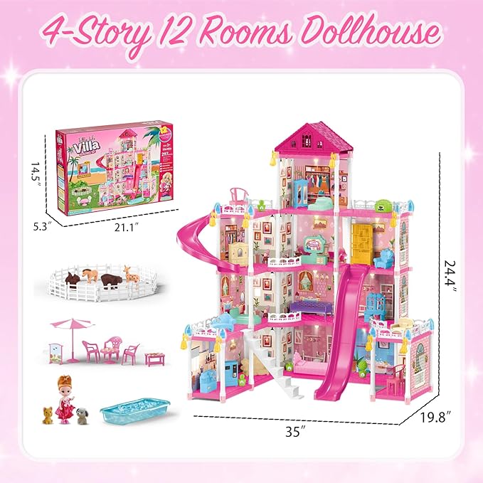 Villa Toys for Girls, 4 Stories 12 Rooms Villa Playhouse with Lights, Doll, Furniture, Bathtub, and Accessories, DIY Pretend Toddlers House kit for 3 4 5 6 7 8 9 10 Year Old Kids