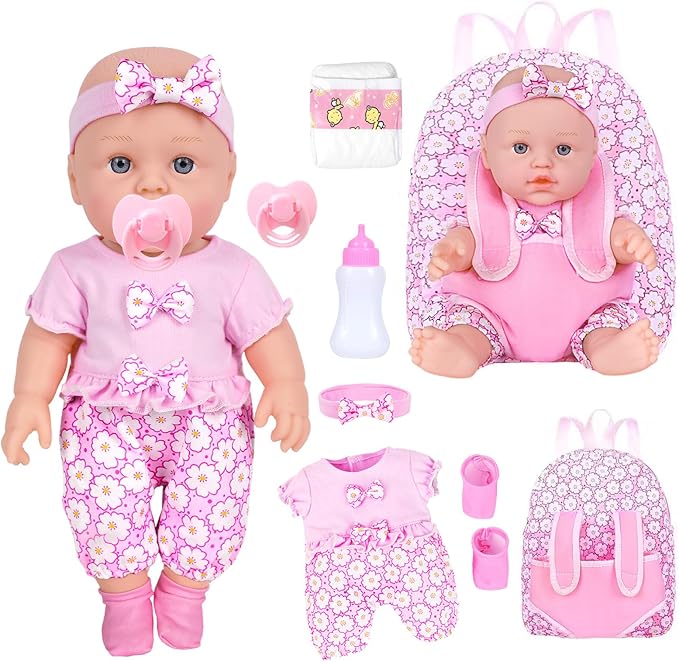 UZIDBTO 12 Inch Baby Dolls with Backpack Carrier Can Store Doll Clothes and Accessories,12" Reborn Baby Doll Set in Gift Box with Feeding Bottle Nipple Diaper for Kids Toddler Age 3+