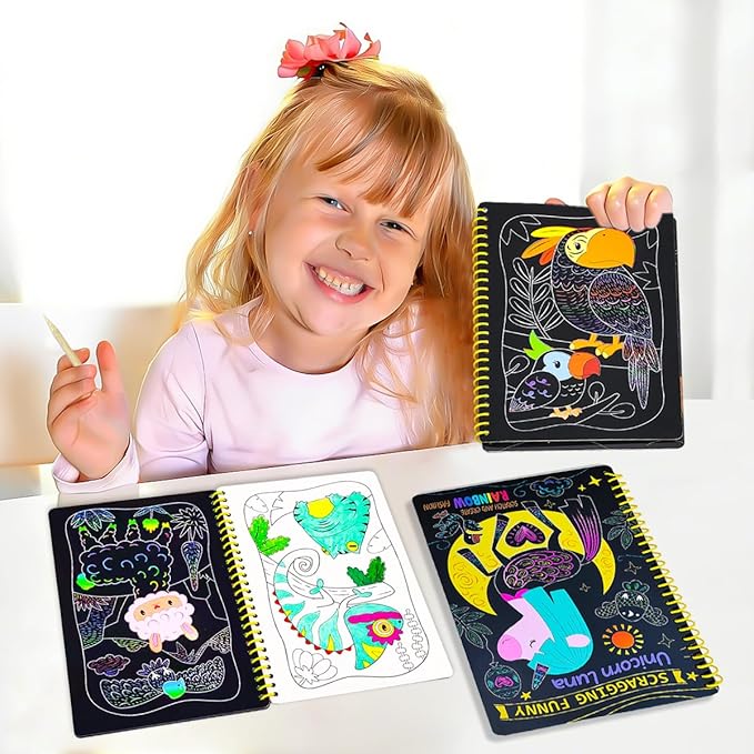 JUNQIU Easter Basket Stuffers, 2 Pack Animal & Unicorn Scratch Art for Kids, Rainbow Scratch Paper Art Notebook, Arts and Crafts for Boys Girls, Birthday Gifts Party Games