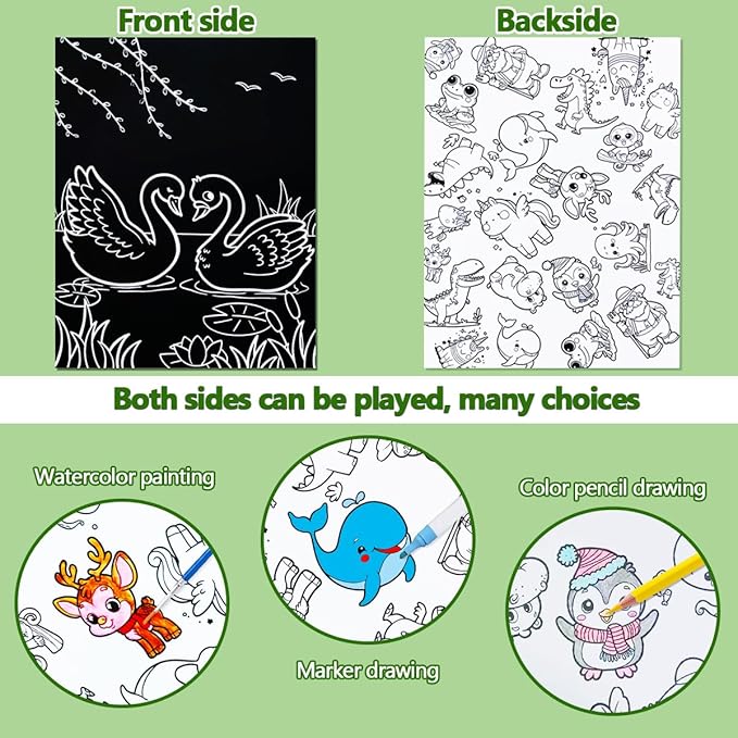 JUNQIU Scratch Art for Kids, Rainbow Scratch Paper Art Set - Animals, Arts and Crafts for Girls Boys Ages 4-8, Activity & Christmas Crafts, Stocking Stuffers for Kids
