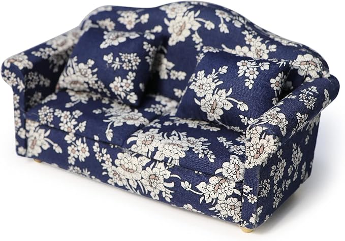 Dollhouse Couch Miniature Sofa with Pillows Dollhouse Living Room Funiture 1:12 Scale Model 3 Pcs High Simulation Upholstered Wooden Fabric Armchair Mini Room Artificial House Scene Decoration (Blue)