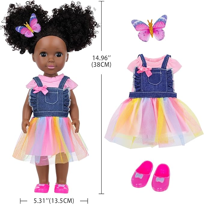 Ecore Fun 14.5 Inch Black Baby Doll with 12 Pcs Butterfly Theme Accessories - Realistic African Doll Black with Hair Clips, Comb, Mirror, Rainbow Dress, Pink T-Shirt, Phone, Stickers, Shoes
