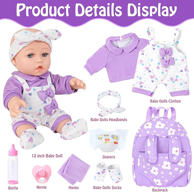 UZIDBTO 12" Baby Doll with Flower Pattern Backpack Carrier,12 Inch Realistic Baby Dolls with Clothes and Accessories Hanky Pacifier Bottle Diaper Toy Pretend Play Collection for 3+ Child Girls Gifts