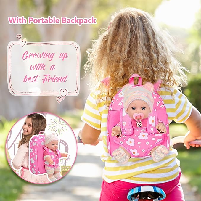 12'' Baby Doll with Backpack in Gift Box, Baby Doll Accessories Set Included 12 Inch Cute Realistic Baby Dolls, Clothes, Carrier, Washcloth, Bottles, Nipple, Socks, Hats for 3+ Girls