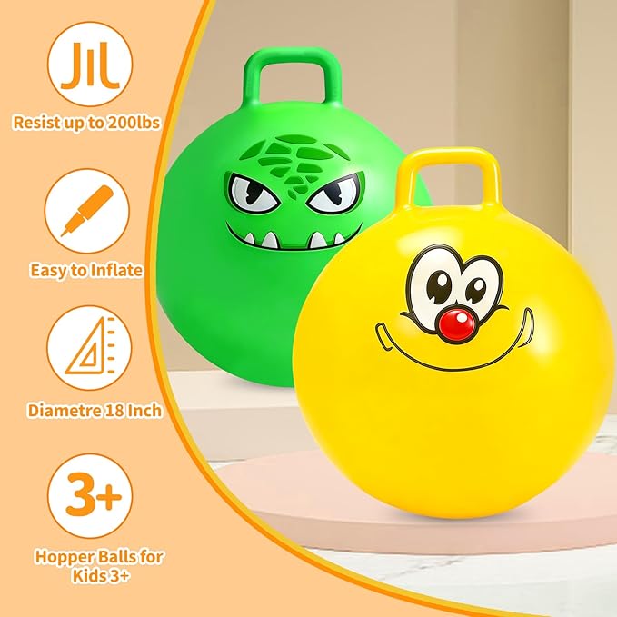 Hymaz 2 Pcs Hopper Ball, 18 Inch Bouncy Balls Bulk with Handle for Kids Ages 3-5, Jumping Hopping Inflatable Bouncing Ball Outdoor Toys for Boy Girl School Games Sports Exercise