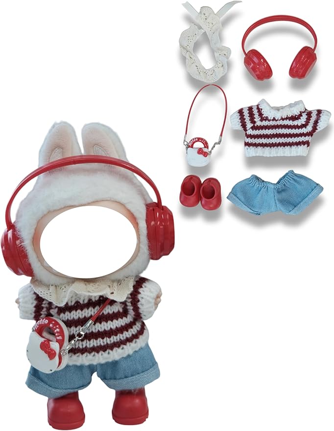 Clothes for 17cm Doll, 6 pcs Set Doll's Outfits Luxury Dress Sweater Jeans Headset Shoes Bag Accessories Fashion Stylish Adorable Dolls Clothes (No Doll) (Striped Red)