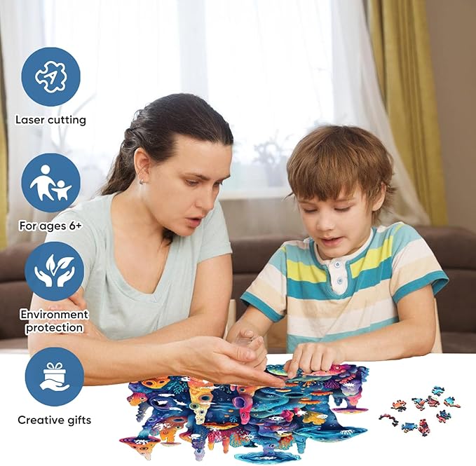 Qiuenisray Wooden Puzzles 500 Pieces, Coral Ocean Jigsaw Puzzles, FSC Certified Wood Puzzle, Wall Decor, Unique Shape Puzzle Piece, Creative Gift for Family Game 16.6x16.9 in