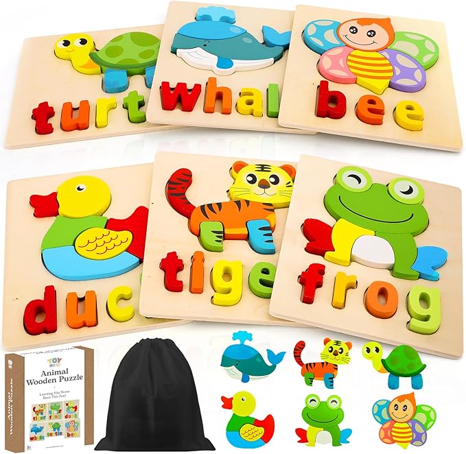 TOY Life Toddler Puzzles Ages 2-4, 6 Animals with Spelling Wooden Puzzles for Toddlers 3-5, Montessori Toys Gifts for 1 2 3 Years Old Boys Girls, Birthday Gifts Educational Learning Toys for Kids
