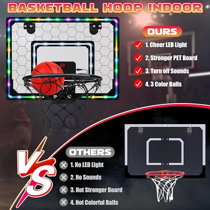 Basketball Hoop Indoor,Mini Hoop with LED Light/Scoreboard, Door Basketball Hoop Basketball Toys Gifts for 5 6 7 8 9 10 11 12 Year Old Boys Girls (Honeycomb Pattern)