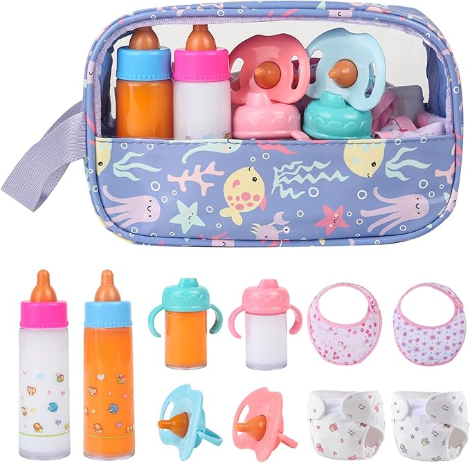 CARANOVO 6-Piece Baby Doll Feeding Set – Magic Bottles & Pacifiers for 10–24 Inch Dolls, Disappearing Milk & Juice Bottles, Pretend Play Accessories for Kids