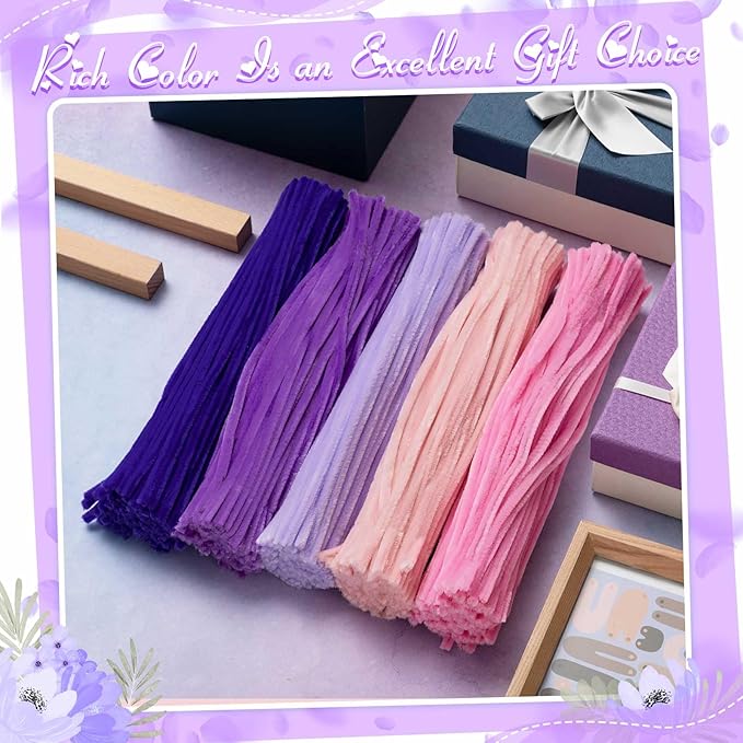 Peryiter 500 Pieces Pipe Cleaners Chenille Stems for Flowers Craft Supplies Bulk Fluffy Fuzzy Sticks for DIY Art Projects Creative Gift Wrapping Party Decorations (Dark Pink & Purple Flower,12 Inch)