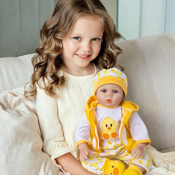 Reborn Baby Doll Clothes 17 inch Yellow Duck Outfits for 16-18 Inch Reborn Baby Doll Diaper Reusable Accessories 12 Pcs Set Backpack for Boys & Girls