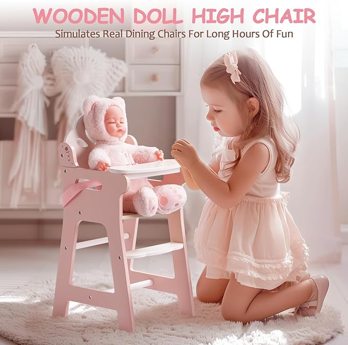 ROBUD Baby Doll High Chair, Pretend Play High Chair with Seat Belt, Pink Wooden Baby Doll Accessories with Movable Tabletop, Fits 18-20 Inch Dolls