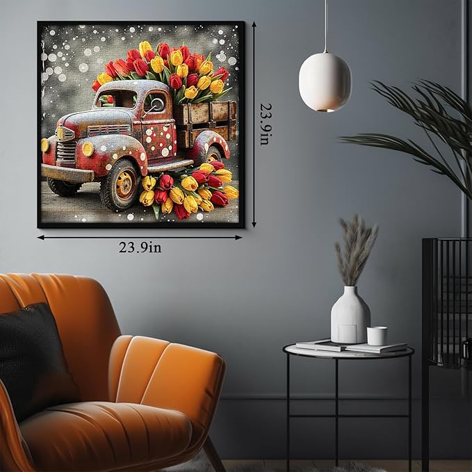 Vintage Truck Puzzles for Adults 1000 Pieces, Tulip Flower Farm Jigsaw Puzzles, Retro Spring Floral Art Puzzle