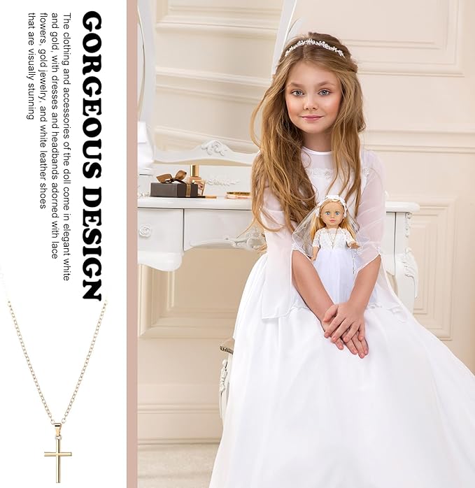 RoundFunny 7 Pcs 18 Inches American Doll Clothes Outfit First Communion Dress with Matching Headband Veil Bracelet Shoes Socks Necklaces Fit 18 Inches Dolls, Doll Not Included(Floral Headband)