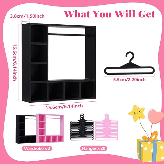BABESIDE Doll Clothes Closet, Doll Clothes Storage with 2 Wardrobes & 20 Hangers, Doll Accessories Closet Set for 15/17 cm Dolls, Doll Closet Organizer Display (Pink & Black)